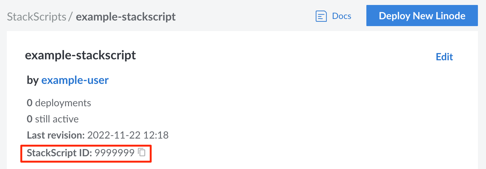 Screenshot of the StackScript ID in Cloud Manager